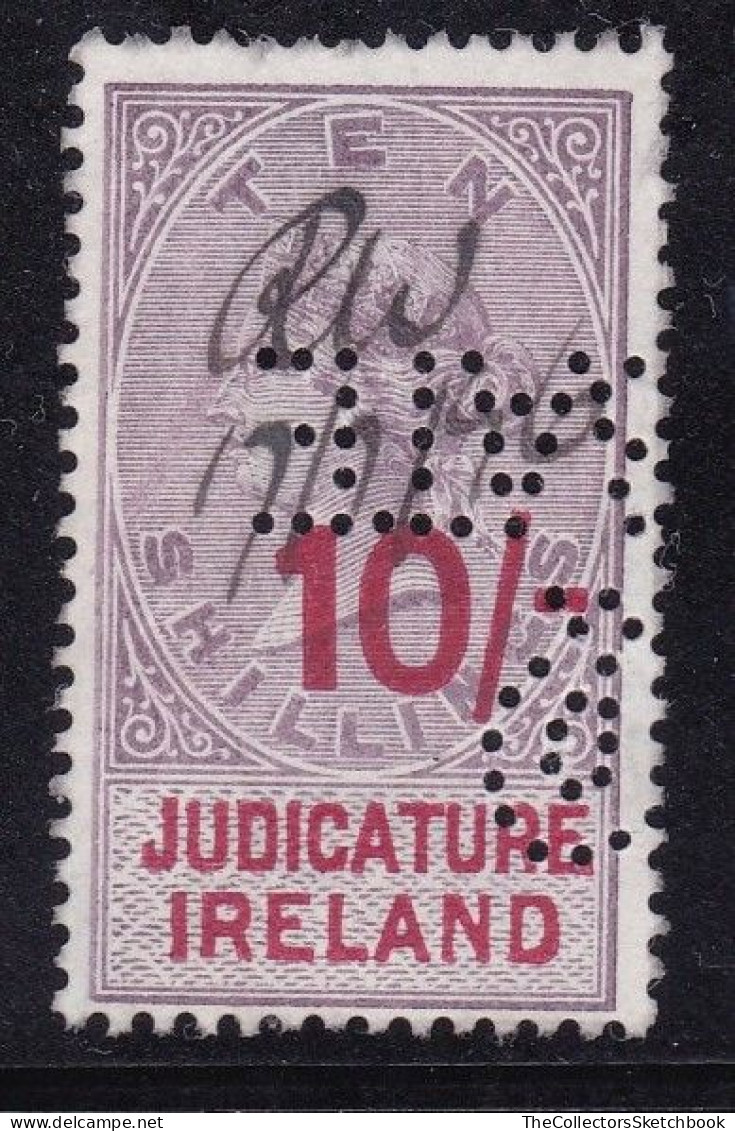 Ireland Fiscal / Revenue Judicature Fees 10/- Lilac And Red Good Used Perfin Barefoot 48 - Gebruikt