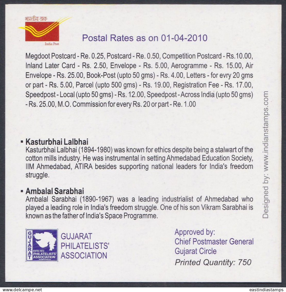 Inde India 2010 Mint Stamp Booklet Gujarat, Ambalal Sarabhai, Kasturbhai Lalbhai, Industrialist, Philanthropist - Andere & Zonder Classificatie