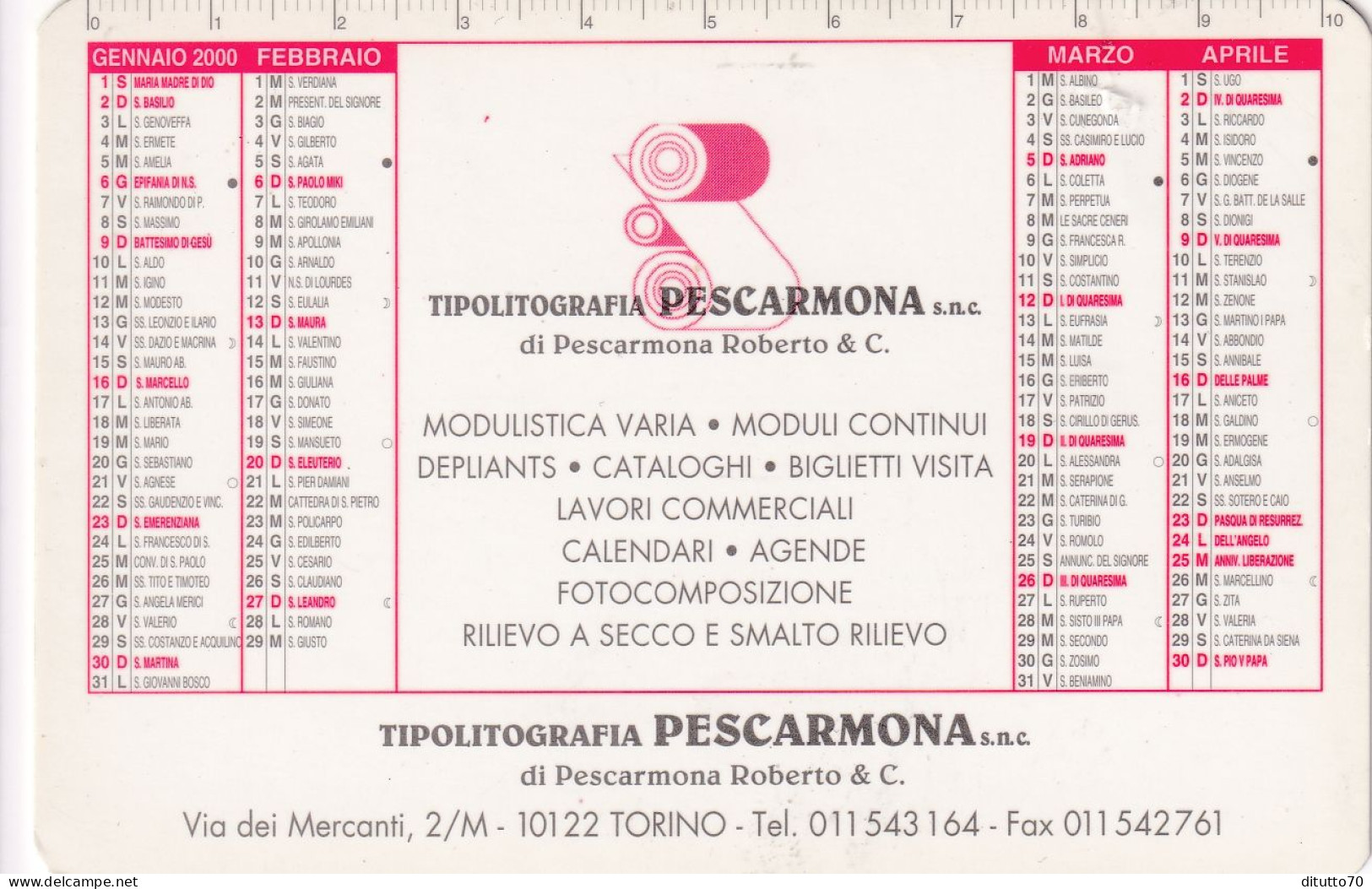 Calendarietto - Tipolitografia Pescarmona - Torino - Anno 2000 - Small : 1991-00