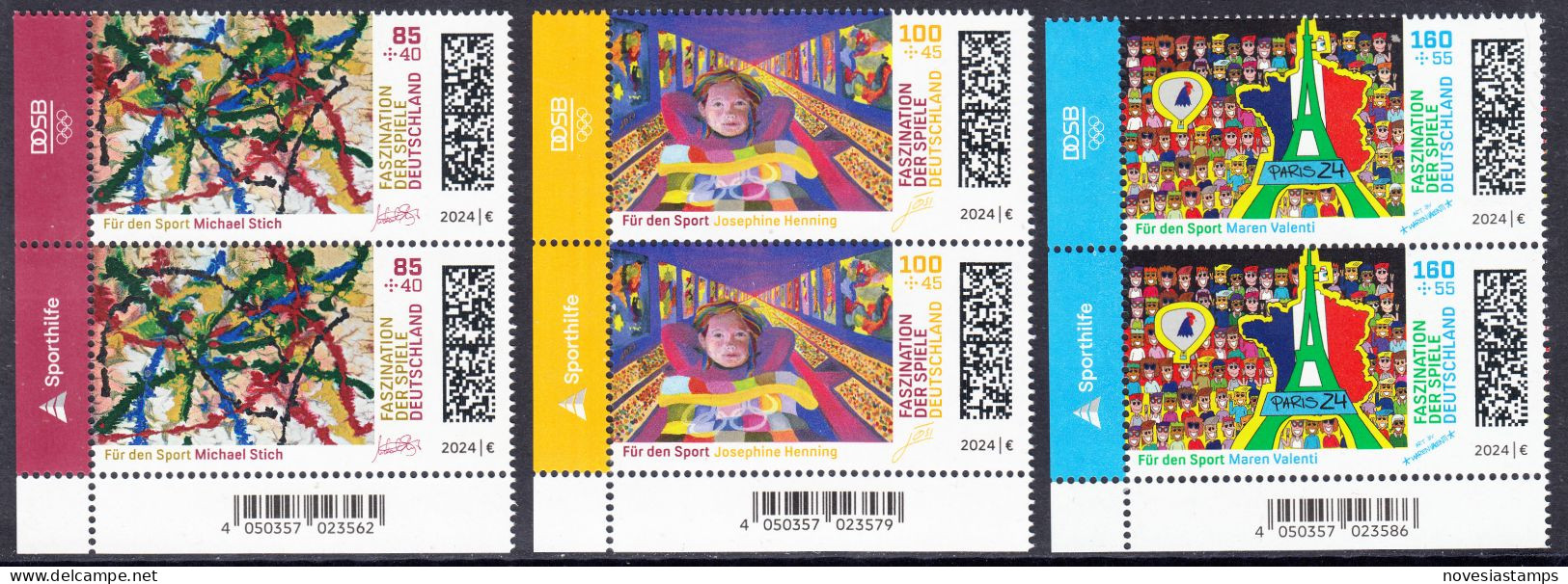 !a! GERMANY 2024 Mi. 3825-3827 MNH SET Of 3 Vert.PAIRS From Lower Left Corners - Olympic Games 2024, Paris - Ungebraucht