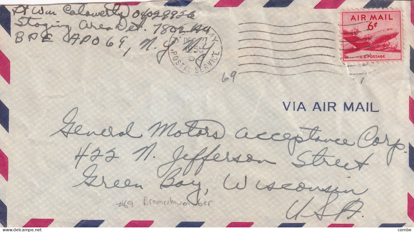 USA. COVER. 27 DEC 55. APO 69. BREMERHAVEN. GERMANY. TO GREEN BAY - Brieven En Documenten