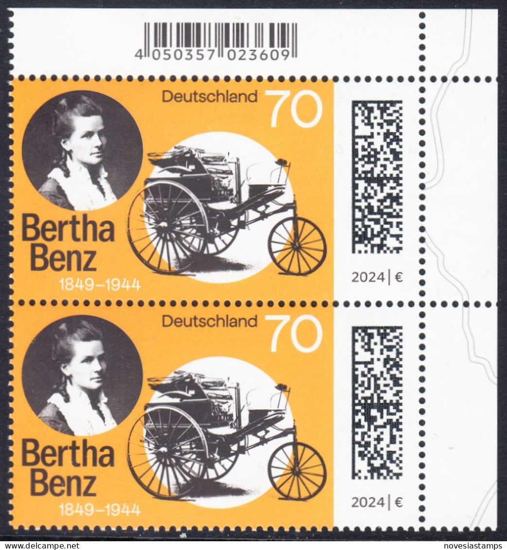 !a! GERMANY 2024 Mi. 3829 MNH Vert.PAIR From Upper Right Corner - Cäcilie Berta Benz, German Automobile Pioneer - Neufs