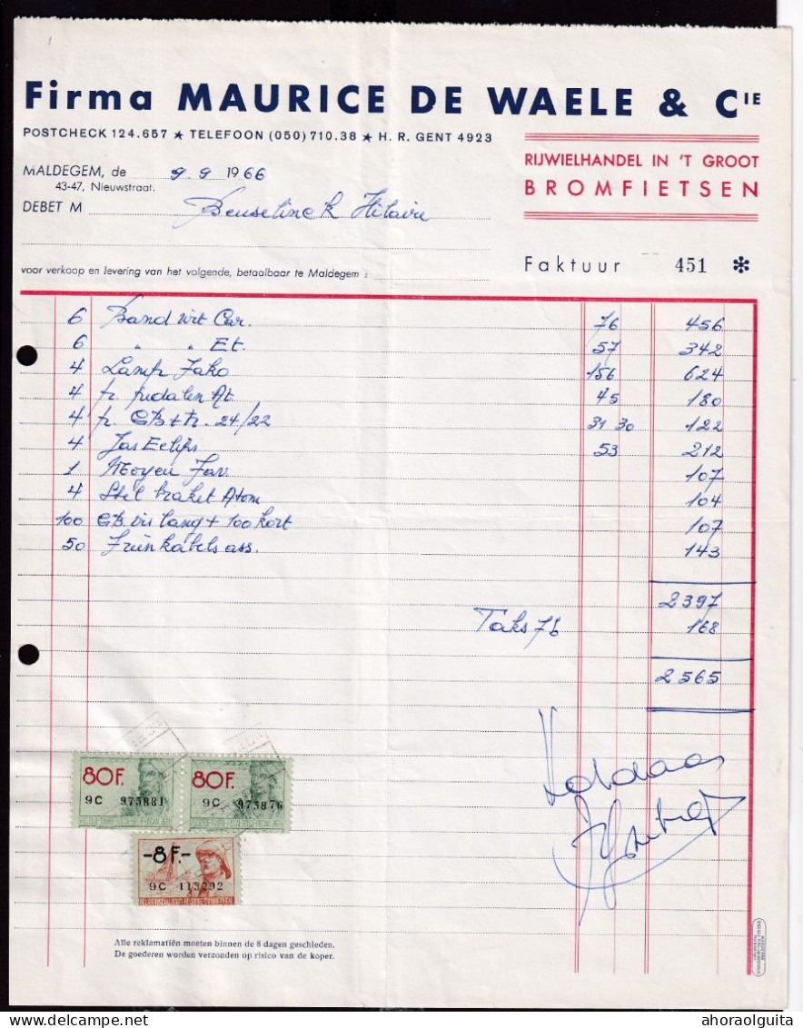 DDGG 082 - VELO/RIJWIEL - MALDEGEM Maurice De Waele § Cie Rijwiel Handel In Het Groot Faktuur 1966 + Fiskale Zegels - Verkehr & Transport