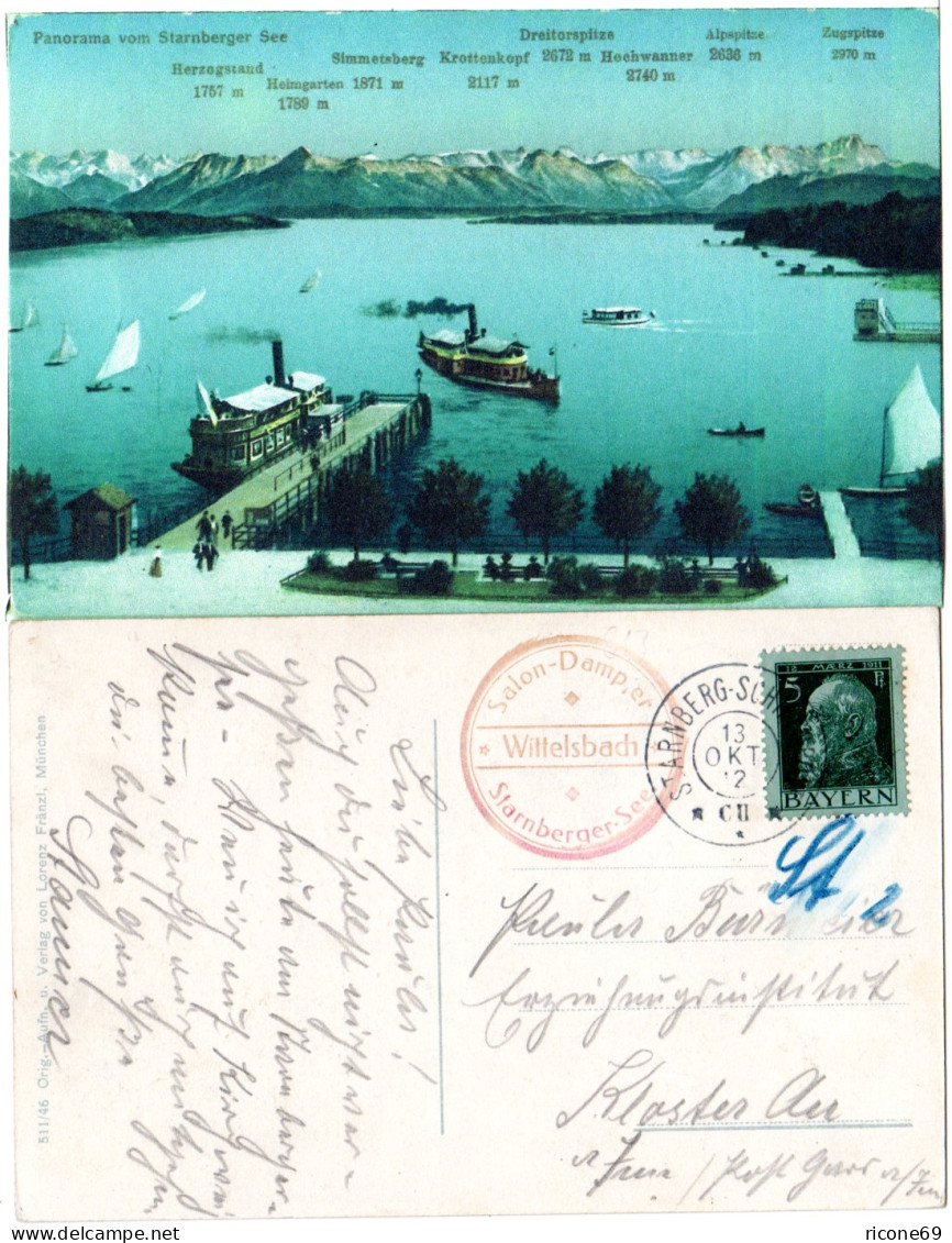 Bayern 1912, K2 Starnberg Schiffspost C II U. Dampfer Cachet Auf Farb-AK M. 5 Pf - Covers & Documents
