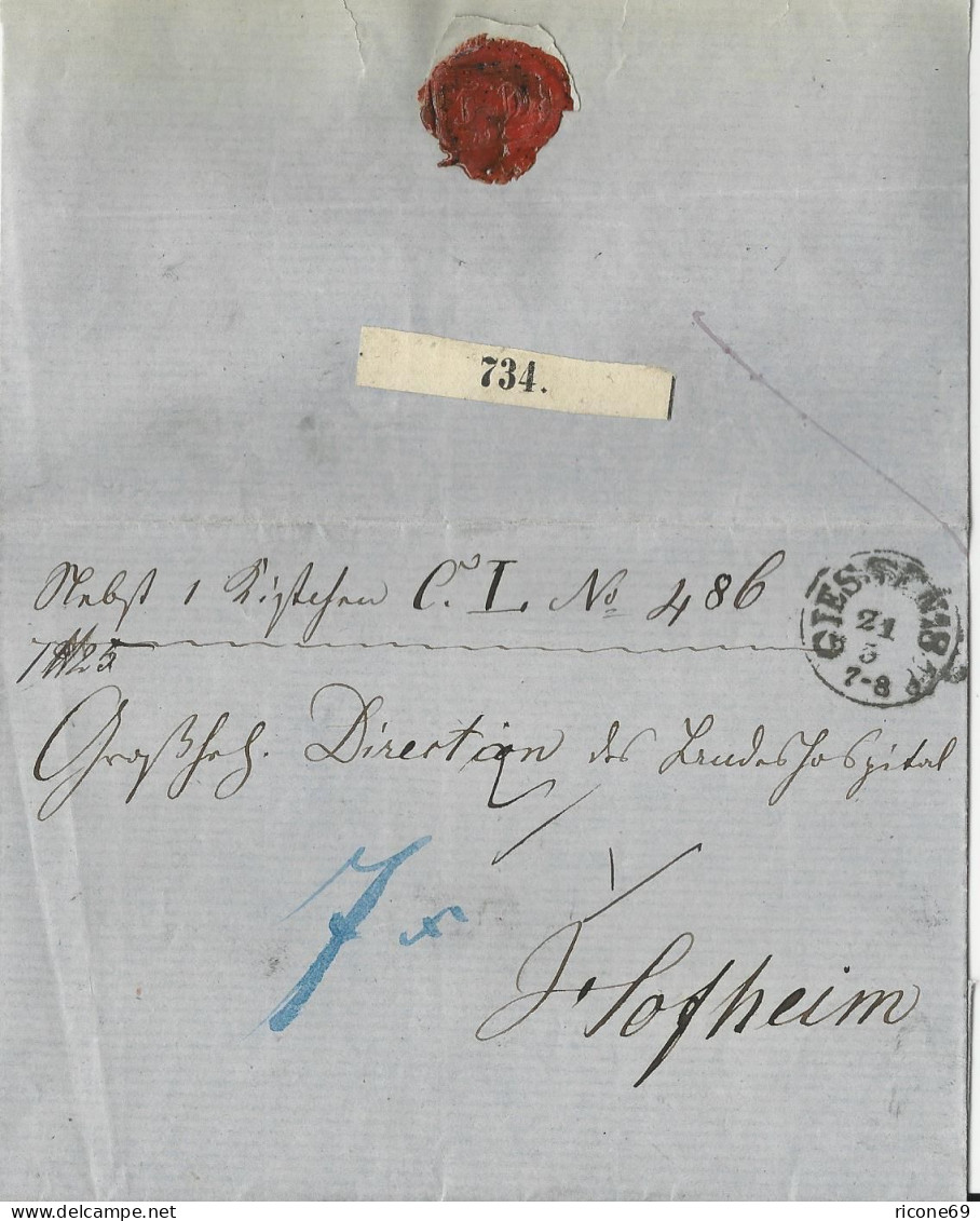 Taxis 1858, K1 Giessen Auf Paket Brief, Innen Botenlohn Quittung F. 7 Kr. #2728 - Covers & Documents