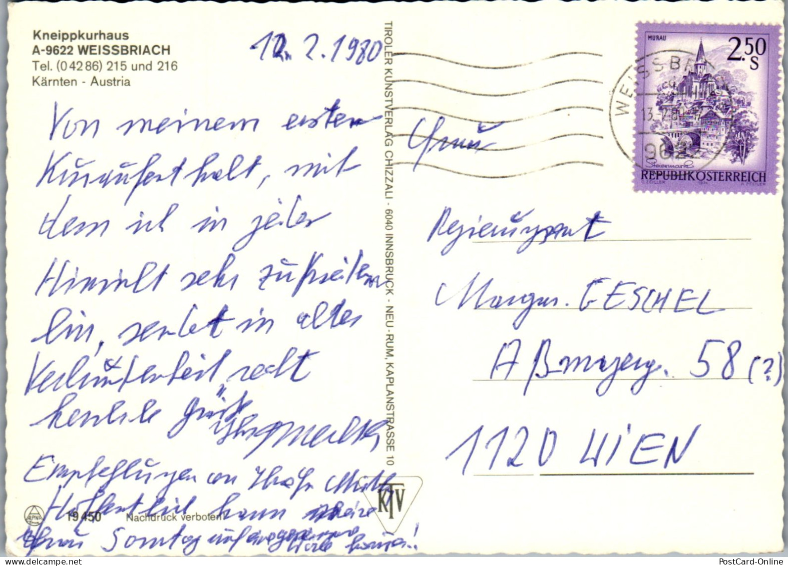 49432 - Kärnten - Weißbriach , Kneippkurhaus - Gelaufen 1980 - Weissensee