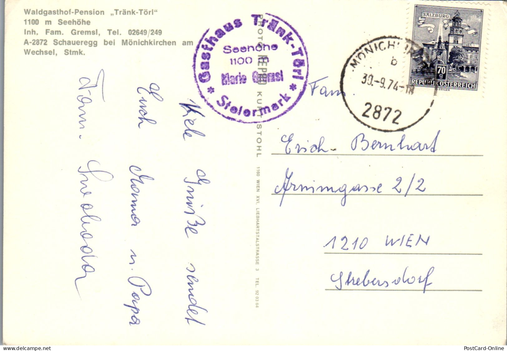 50217 - Steiermark - Schaueregg , Bei Mönichkirchen Am Wechsel , Gasthof Tränk-Törl , Tränktörl , Fam. Gremsl - 1974 - Friedberg