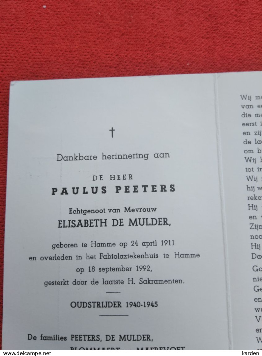 Doodsprentje Paulus Peeters / Hamme 24/4/1911 - 18/9/1992 ( Elisabeth De Mulder ) - Religion & Esotérisme