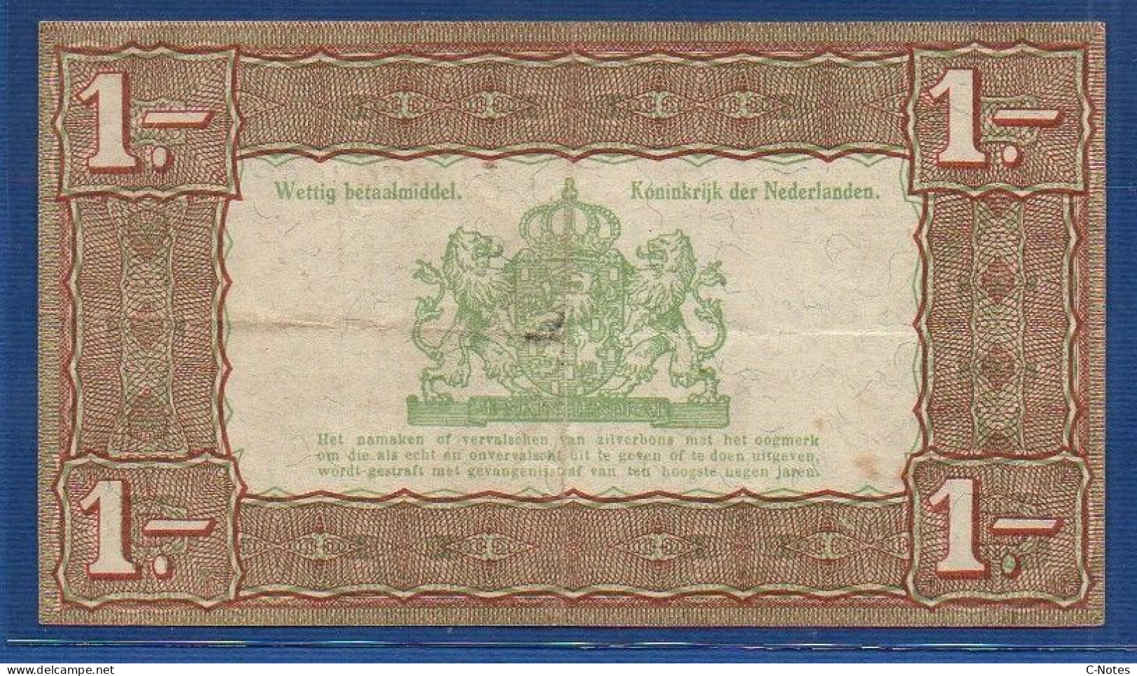 NETHERLANDS  - P.61 – 1 Gulden 1943  AVF, S/n CT 704659 - 1 Gulden
