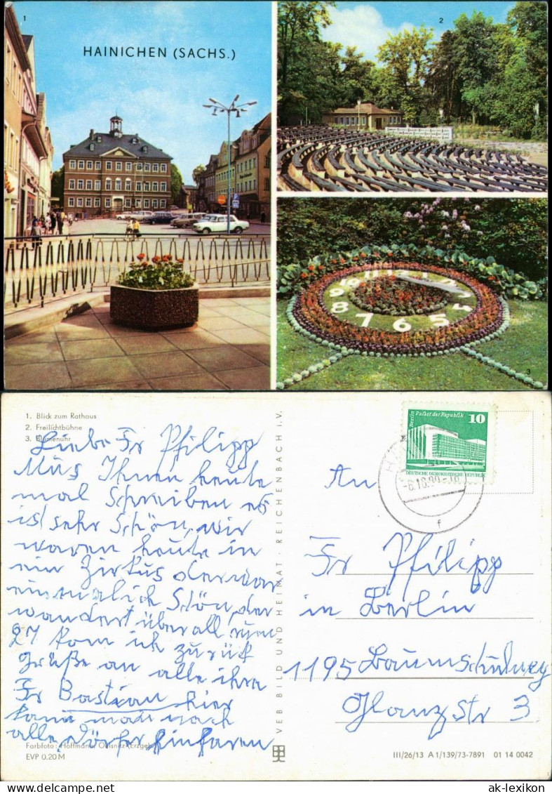 Ansichtskarte Hainichen Blick Zum Rathaus, Freilichtbühne, Blumenuhr 1977 - Hainichen