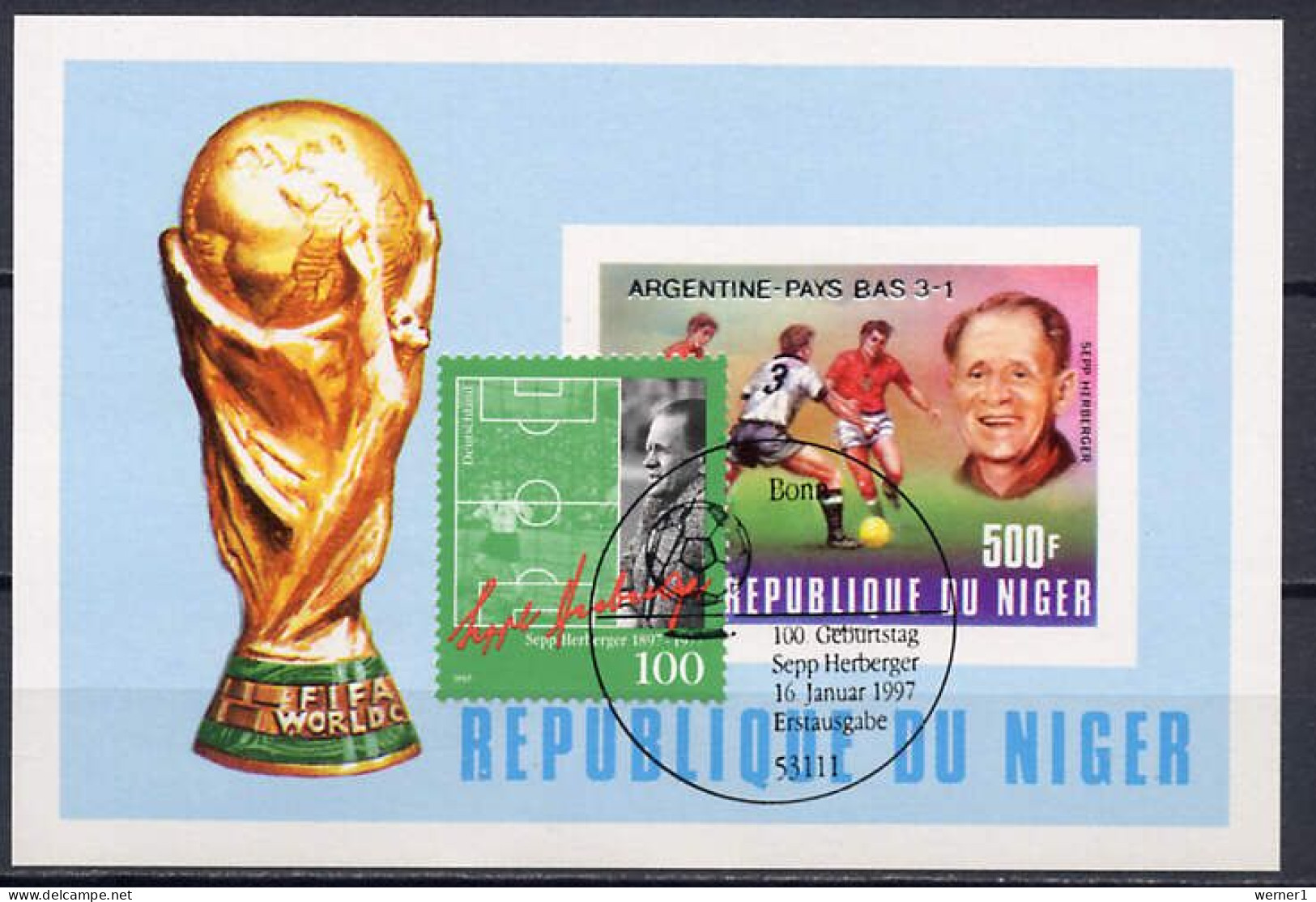 Germany 1997 Football Soccer, Sepp Herberger 100th Birthday Anniv. Stamp On S/s From Niger With First Day Cancellation - Usati