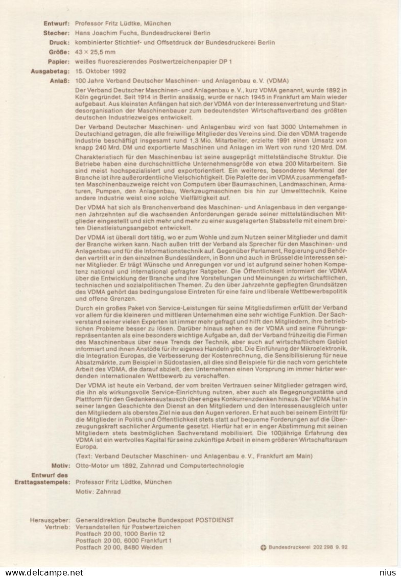 Germany Deutschland 1992-41 Verband Machinen Und Anlagenbau Association Of Machines And Plant Construcuction, Bonn - 1991-2000