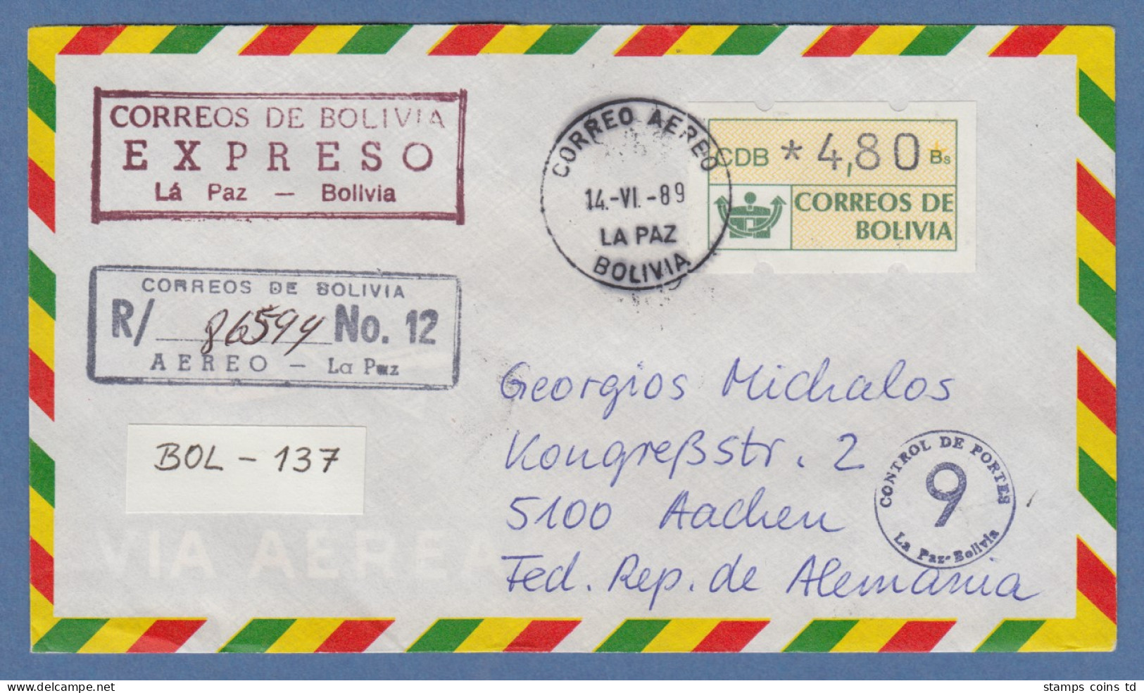 Bolivien / Bolivia ATM Wert 480 Auf Lp-R-E-Brief Nach D, Tages-O La Paz 14.6.89 - Bolivie