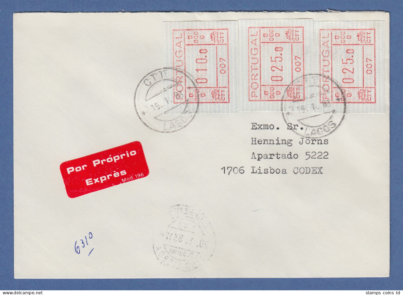Portugal Seltener Express-Brief Mit 3 Orts-ATM 007 Und Orts-O Lagos 19.1.1983  - Automatenmarken [ATM]