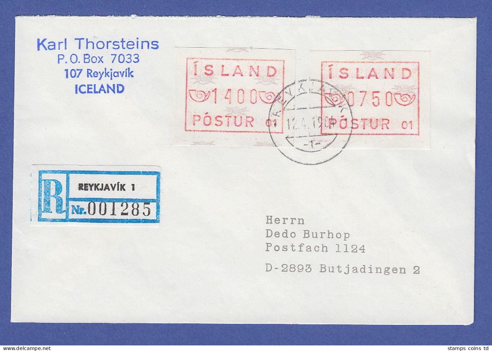 Island ATM Nr. 1 Aut.-Nr. 01 Wertsufe 2150 Auf R-Brief Nach Deutschland - Franking Labels