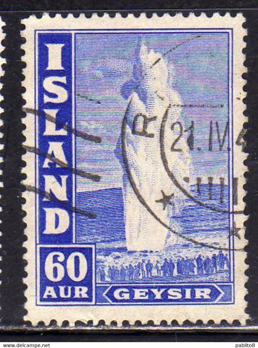 ISLANDA ICELAND ISLANDE 1938 1947 1943 GEYSER AUR 60a USED USATO OBLITERE' - Used Stamps