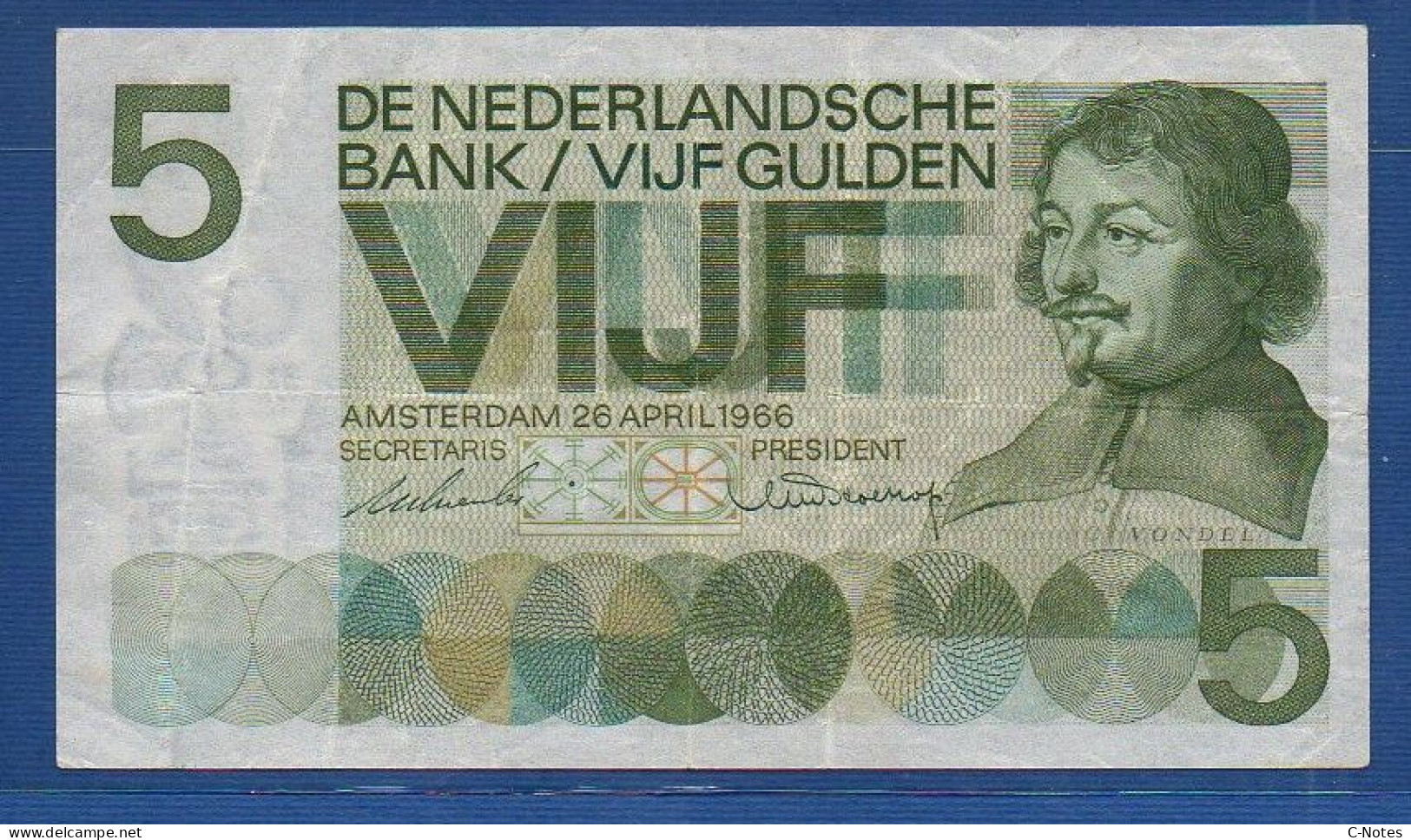 NETHERLANDS  - P.90 – 5 Gulden 1966  F/VF-,  S/n 5LS084983 - 5 Gulden