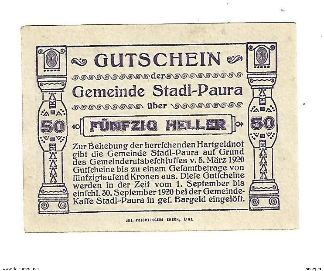 *notgeld   Austria Stadl-paura 50 Heller   1008.1a  Cat Val  1 Euro - Autriche