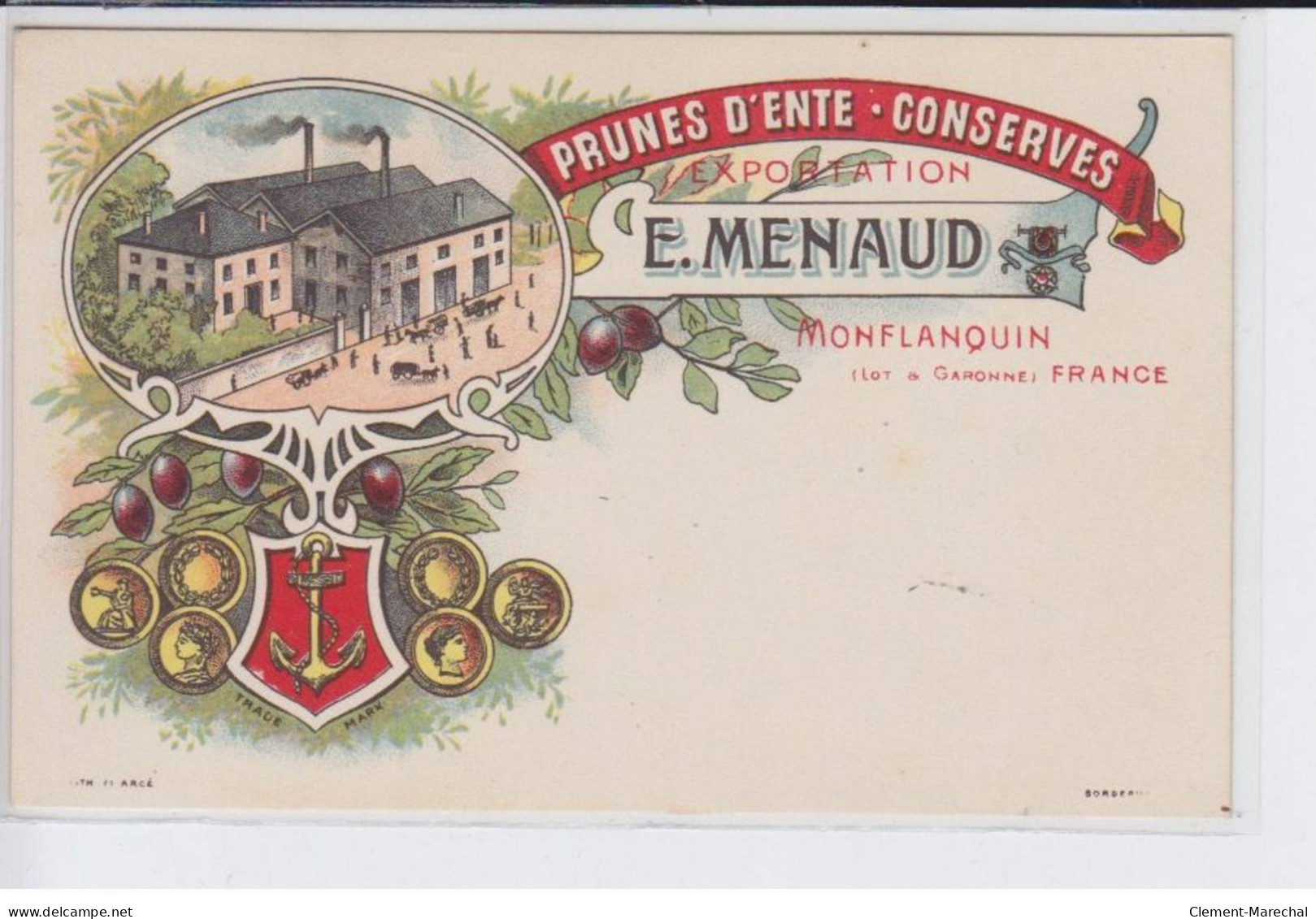 MONFLANQUIN: Prune D'ente, Conserves Exportation E. MENAUD, Publicité - Très Bon état - Monflanquin