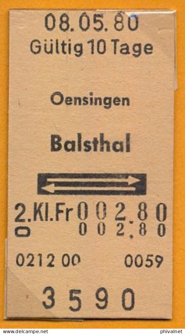 08/05/80 , OENSINGEN - BALSTHAL , TICKET DE FERROCARRIL , TREN , TRAIN , RAILWAYS - Europe