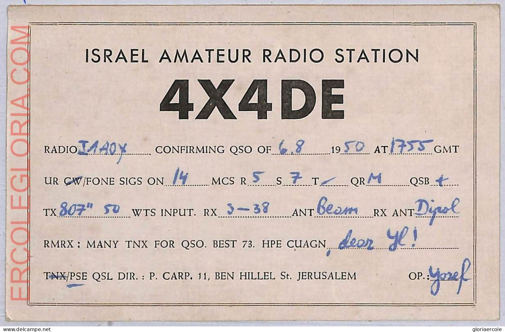 Ad9200 - ISRAEL - RADIO FREQUENCY CARD - Jerusalem - 1950 - Radio