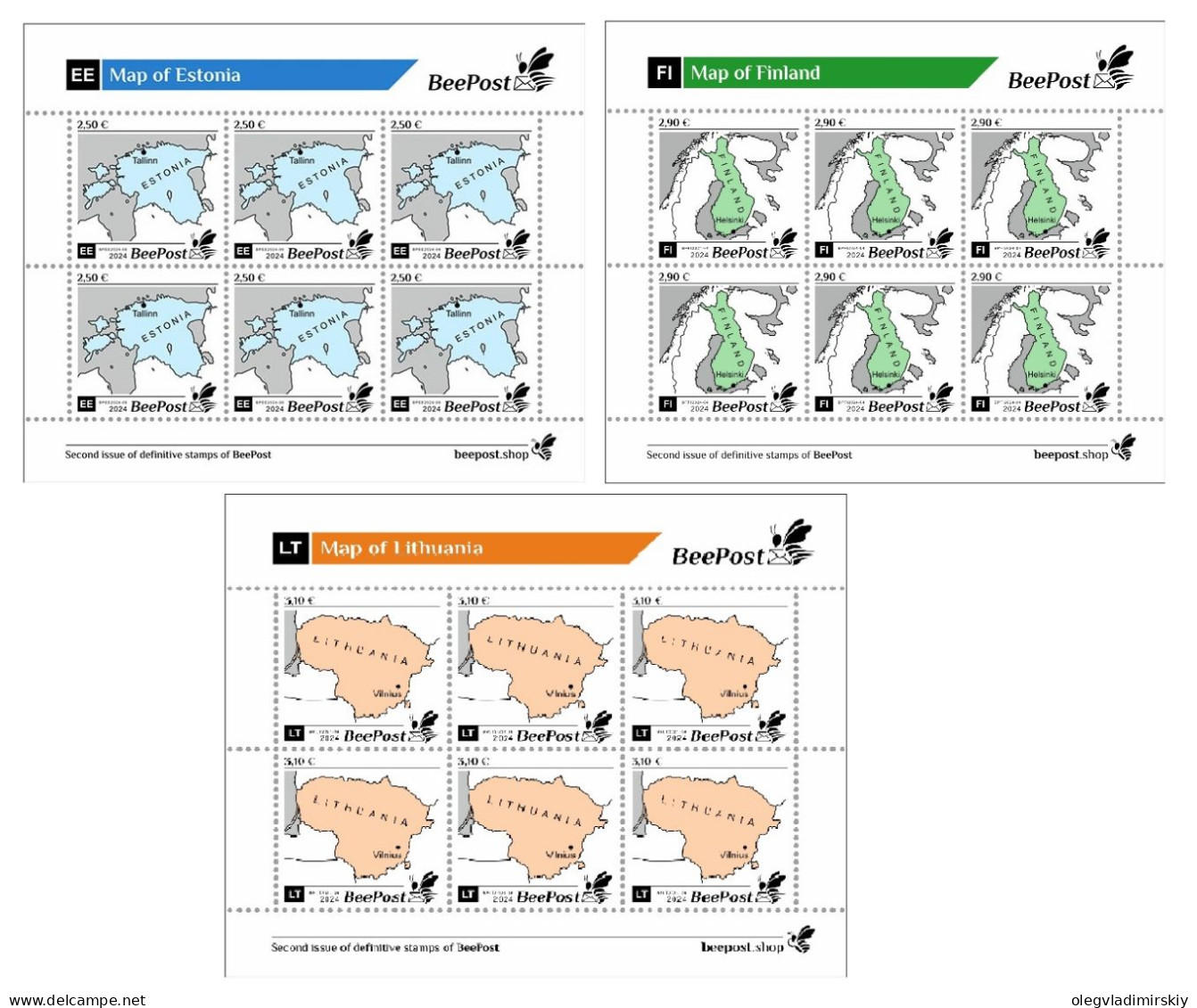 Estonia Finland Lithuania 2024 State Maps Definitives BeePost Set Of 3 Sheetlets MNH - Blocks & Kleinbögen