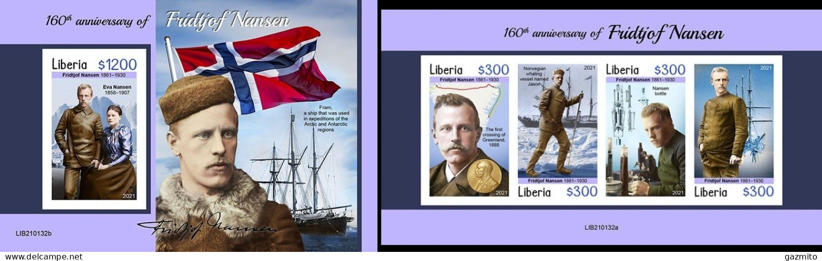 Liberia 2021, Explorer, Nansen, Ship, 4val In BF +BF IMPERFORATED - Poolreizigers & Beroemdheden