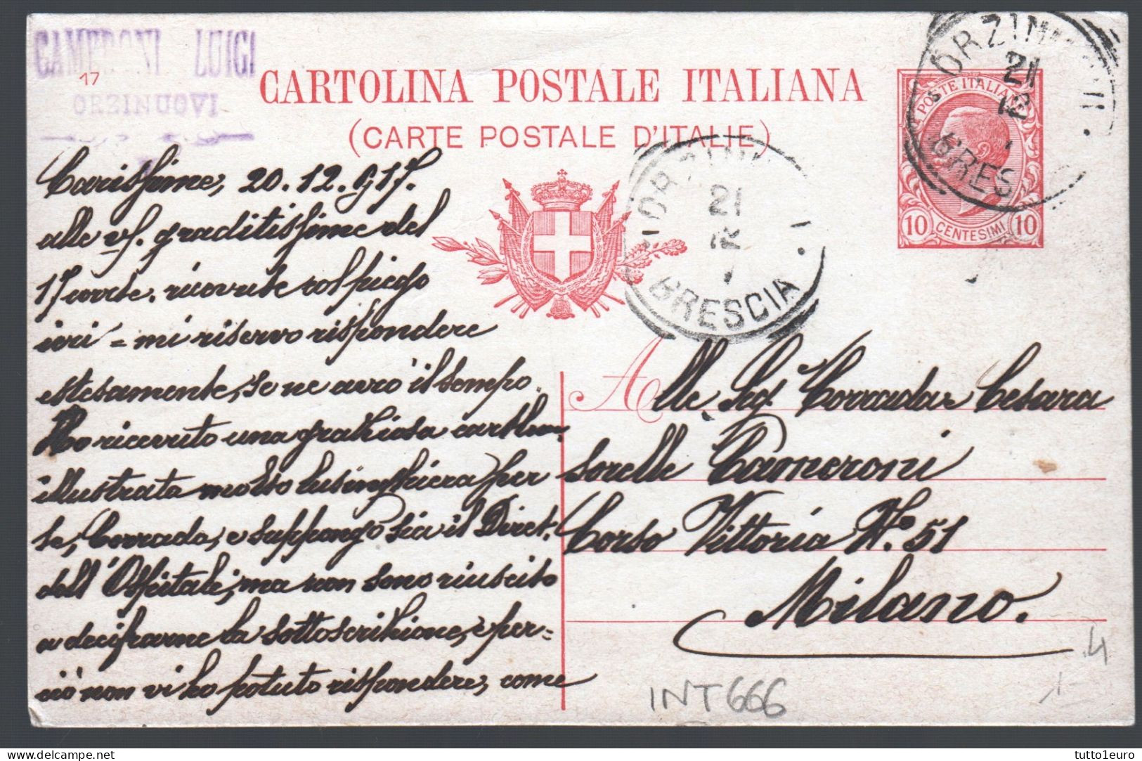 CARTOLINA COMMERCIALE SPEDITA DA  ORZINUOVI A MILANO NEL 1917 - TIMBRO CAMERONI LUIGI (INT668) - Entero Postal