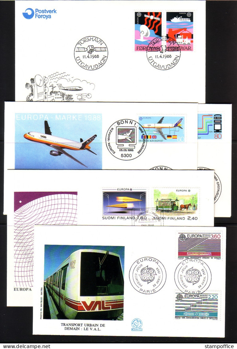 EUROPA CEPT JAHRGANG 1988 FDC TRANSPORT- Und KOMMUNIKATIONSMITTEL EISENBAHN FLUGZEUG KUTSCHE SCHIFF - 1988