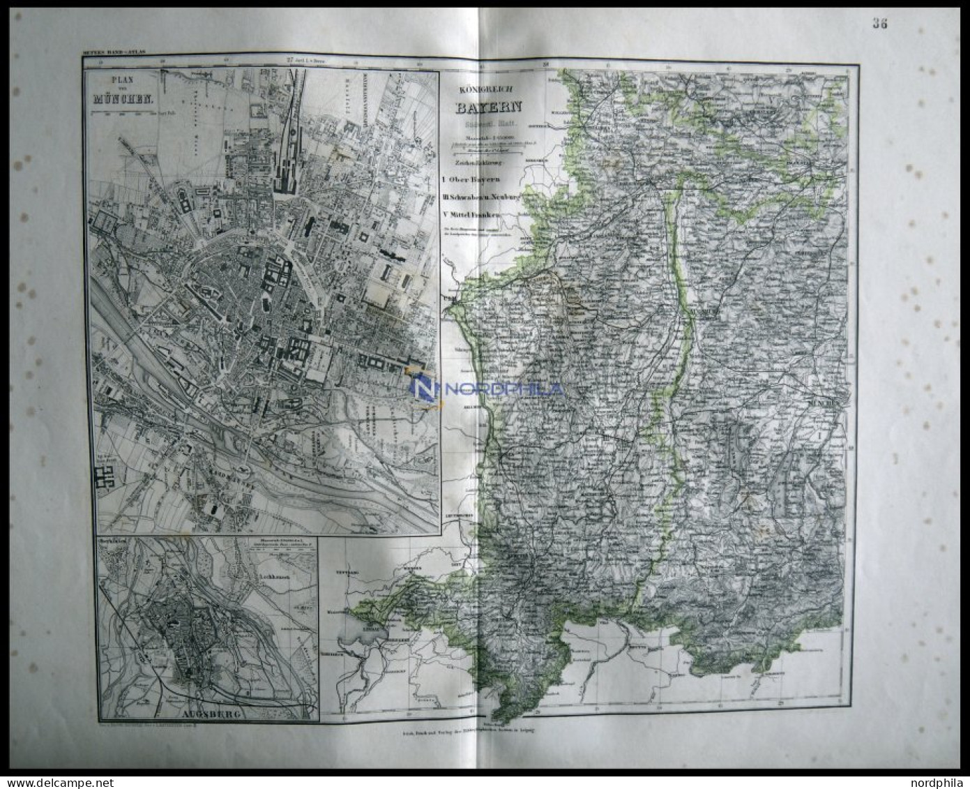 Generalkarte, Der Südwestliche Teil, Mit Grundrißplänen Von München Und Augsburg, Grenzkolorierter Stahlstich Aus Meyers - Andere & Zonder Classificatie