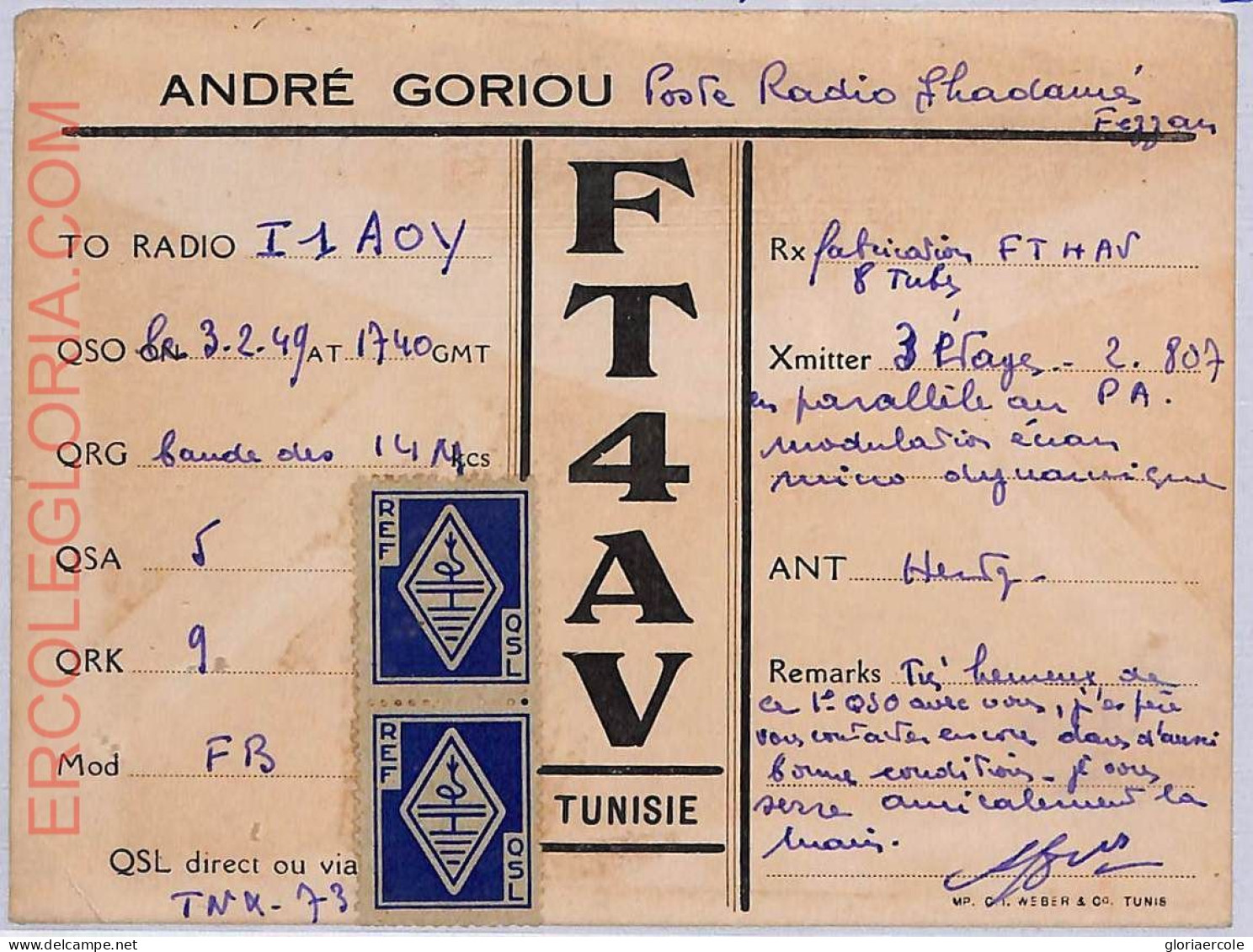 Ad9284 - TUNISIA - RADIO FREQUENCY CARD - 1949 - Radio