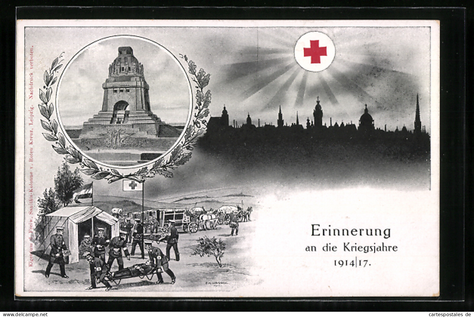 Künstler-AK Erinnerung An Die Kriegsjahre 1914-16, Sanitäter Des Roten Kreuz, Völkerschlachtdenkmal  - Red Cross