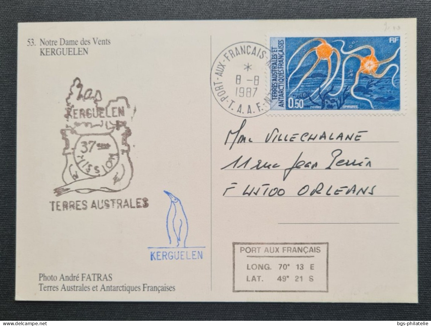 TAAF,  Timbres Numéros 96 Etc122 Au Verso Oblitérés De Kerguelen Le 8/8/1987. - Covers & Documents