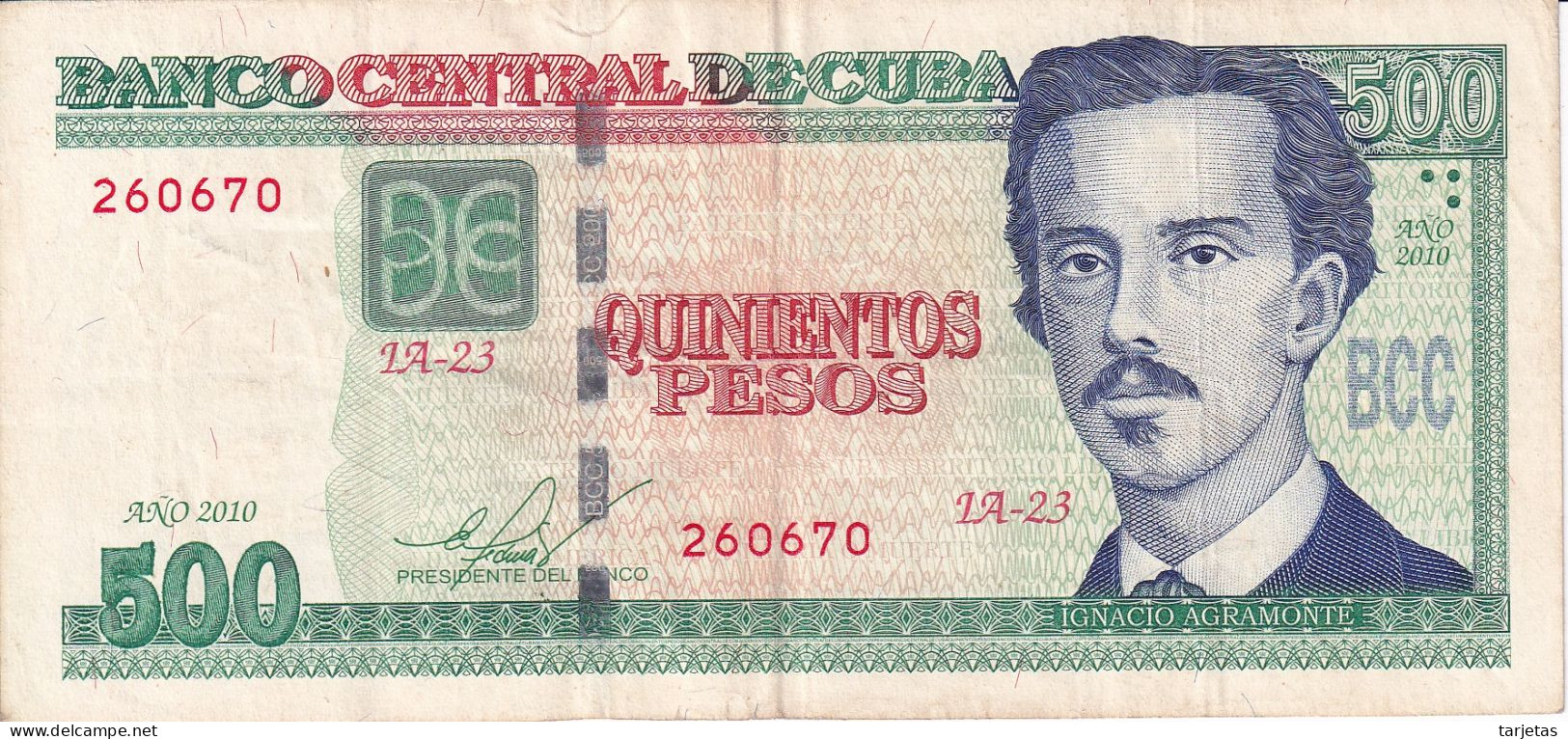 BILLETE DE CUBA DE 500 PESOS DEL AÑO 2010 (BANK NOTE) IGNACIO AGRAMONTE - Cuba