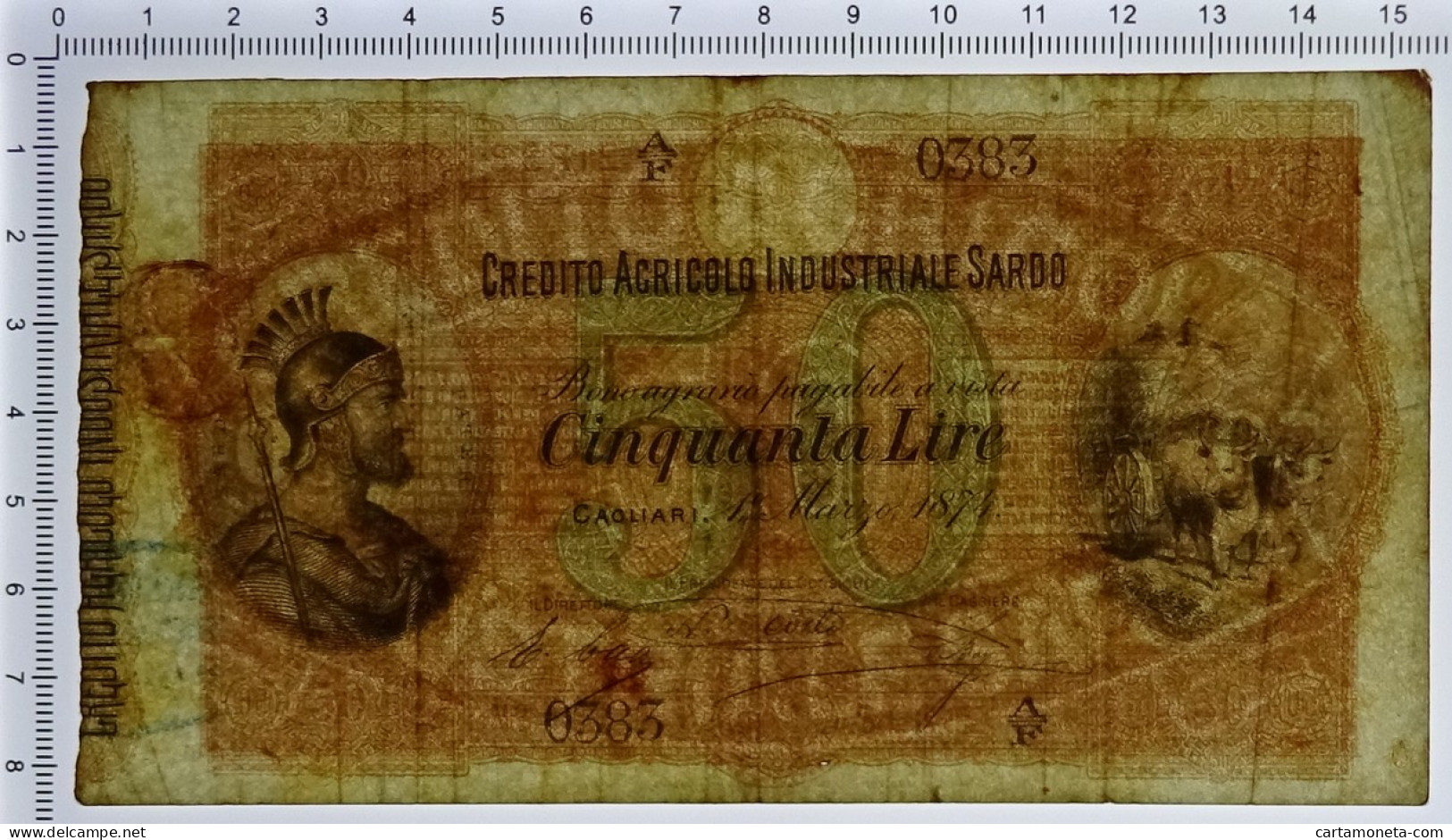 50 LIRE CREDITO AGRICOLO INDUSTRIALE SARDO 01/03/1874 BB - Otros & Sin Clasificación