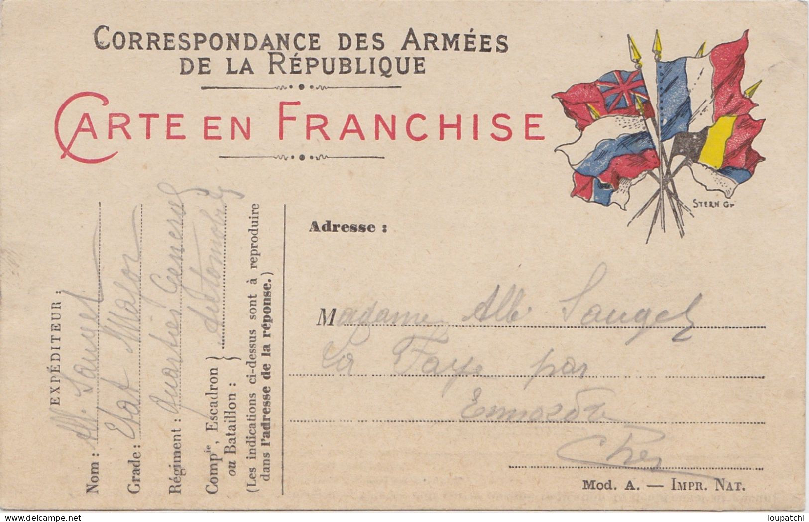 CORRESPONDANCE DES ARMEES DE LA REPUBLIQUE CARTE EN FRANCHISE - Storia Postale