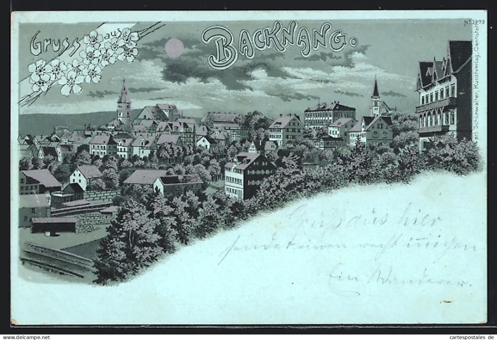 Mondschein-Lithographie Backnang, Teilansicht Mit Kirche  - Backnang