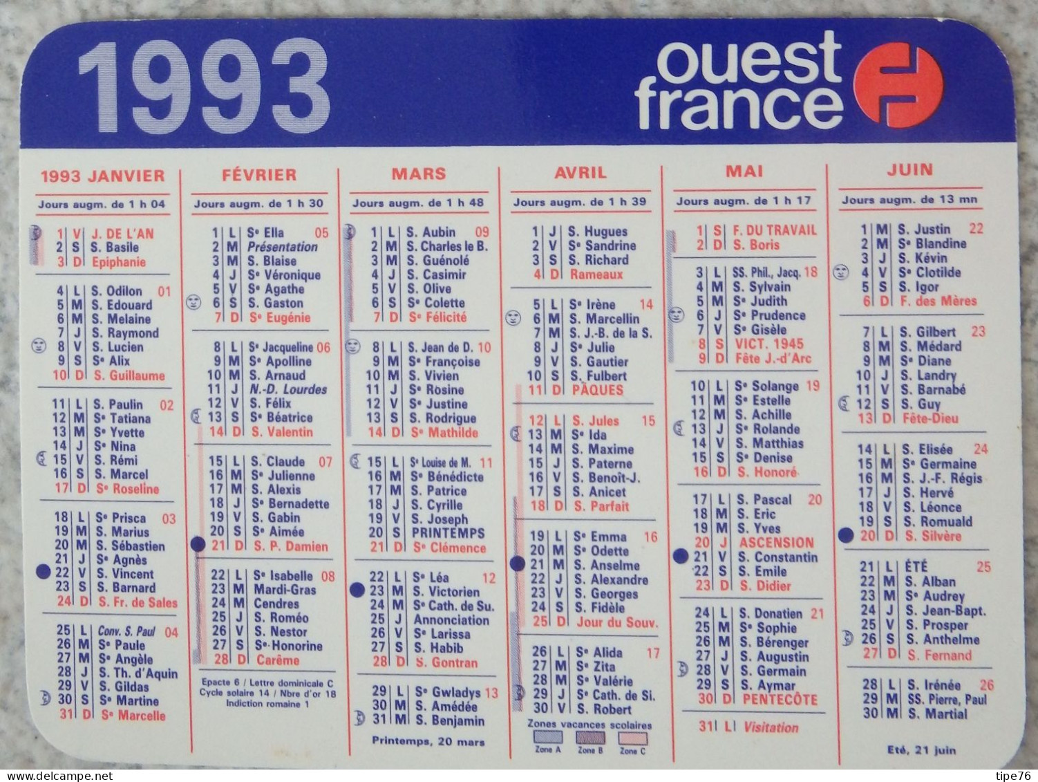 Petit Calendrier De Poche 1993 Journal Ouest France - Small : 1991-00