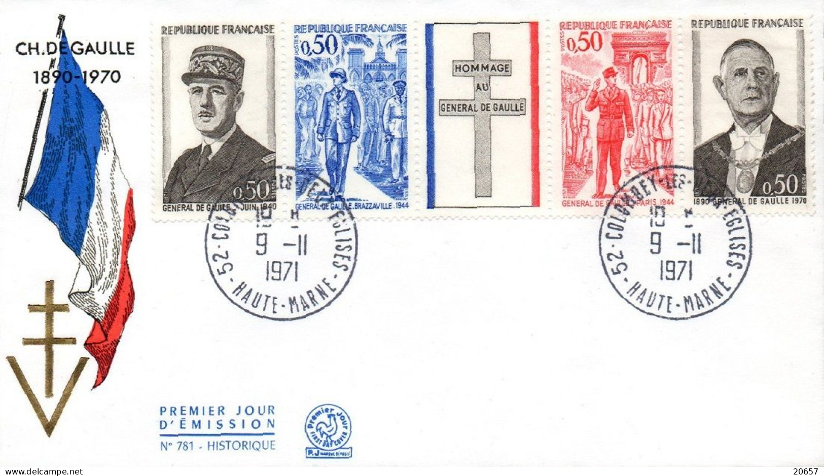 France 1695/98HC Fdc Hommage Au Général De Gaulle, Bande Avec Vignette Illustrée Croix De Lorraine, Drapeau - De Gaulle (Général)