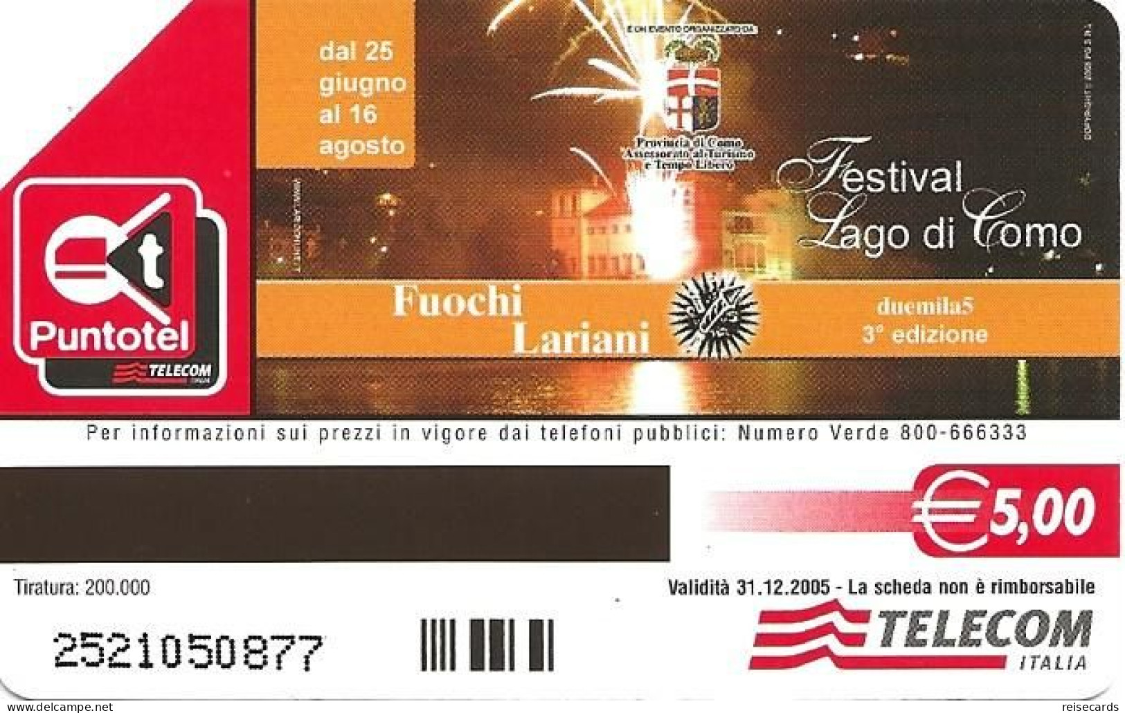 Italy: Telecom Italia Value € - Festival Lago Di Como, Fuochi Lariani - Públicas  Publicitarias