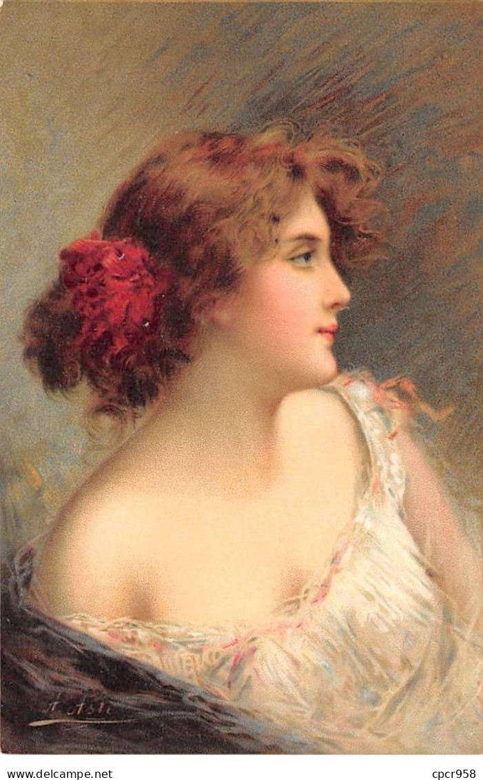 Illustrateur - N°91901 - Asti - Jeune Femme De Profil Avec Des Fleurs Rouges Dans Les Cheveux - Asti