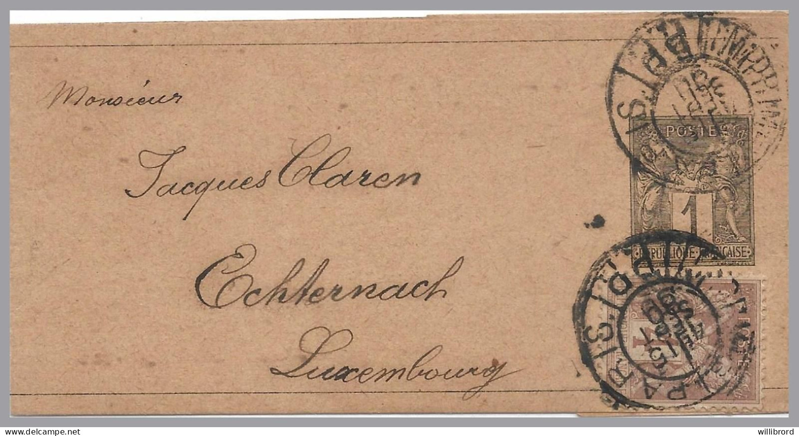 FRANCE To LUXEMBOURG 1890 Incoming Uprated 1c Wrapper To ECHTERNACH - P.P. Imprimé Postmark - Stamped Stationery