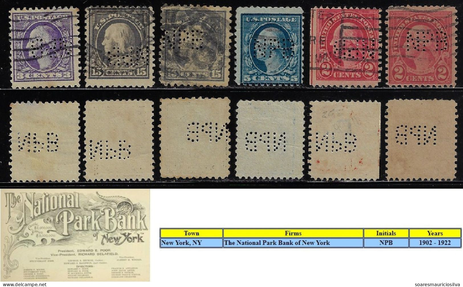 USA United States 1902/1922 6 Stamp With Perfin NPB By The National Park Bank Of New York Lochung Perfore - Perfins