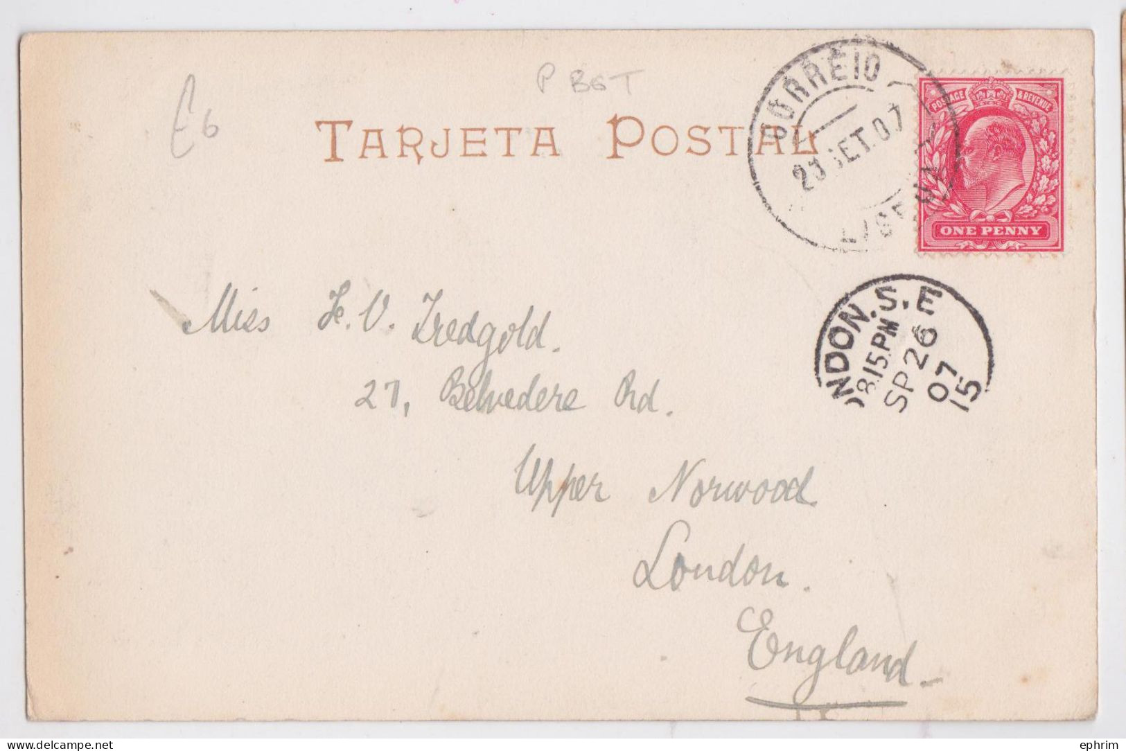 Vigo Muelle Y Estatua De Elduayen Correio Lisboa Gb Stamp Cancellation Postmark 1907 Cachet Postal Maritime Paquebot ? - Pontevedra