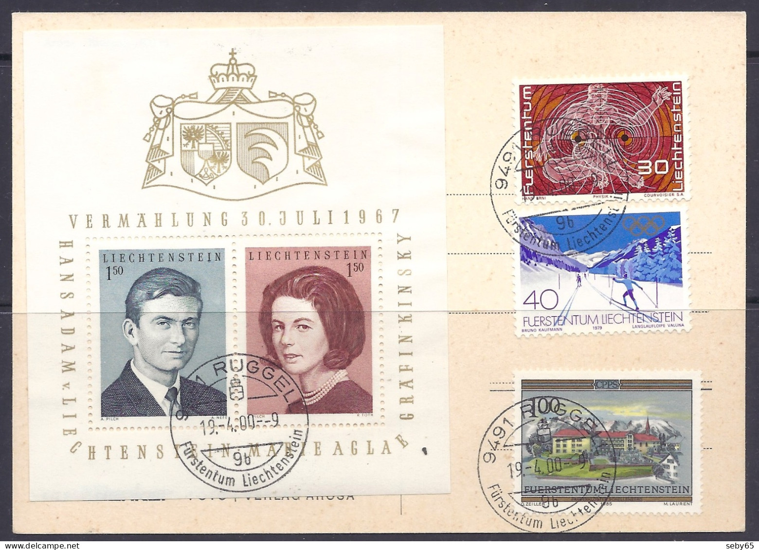 Liechtenstein 1967 - Hochzeit Prinz Hans-Adam Gräfin Marie Aglae, Block Of 2 Value + Valuna + Schellenberg - Nice Card - Lettres & Documents