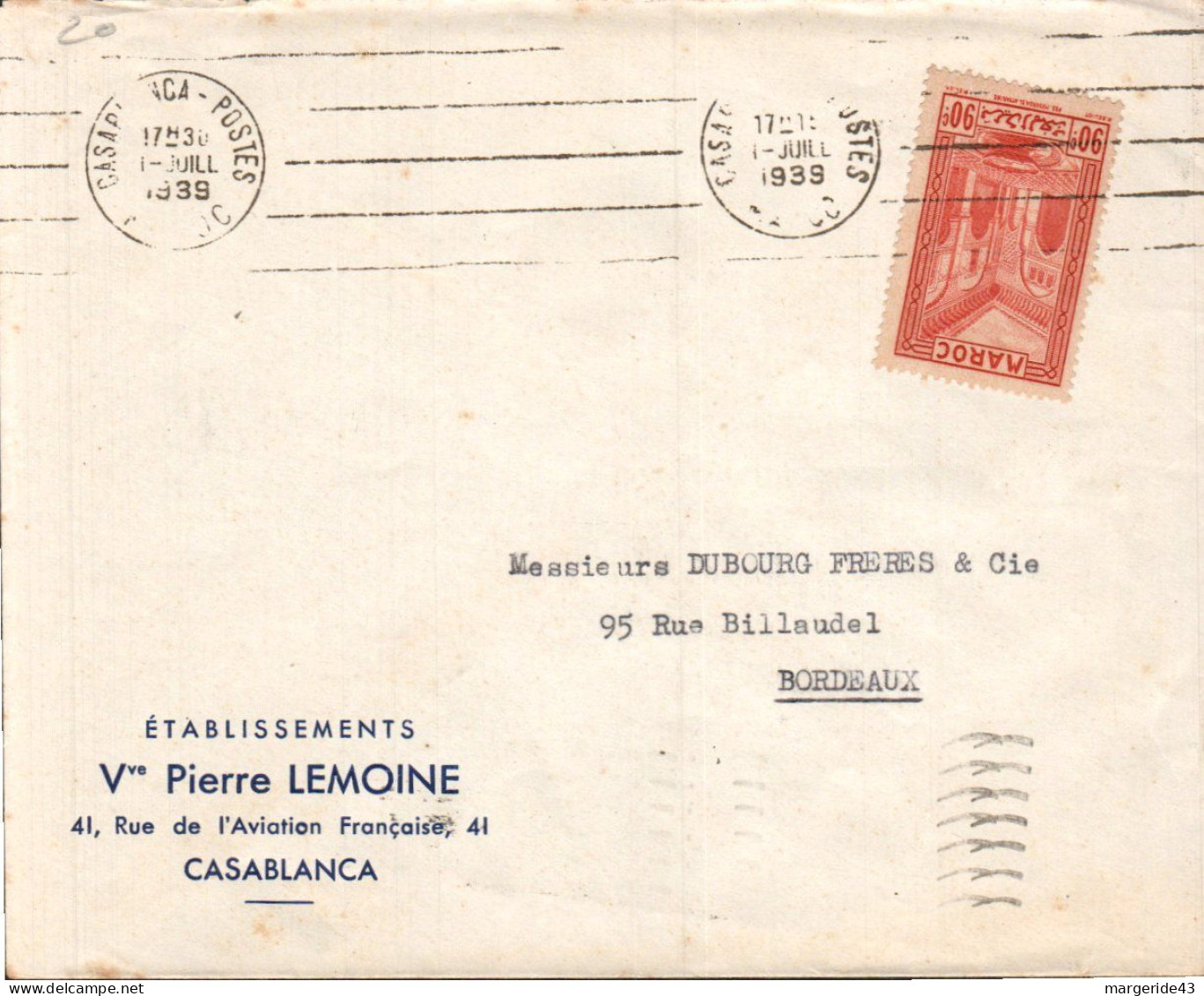 MAROC SEUL SUR LETTRE A EN TETE POUR LA FRANCE 1939 - Briefe U. Dokumente