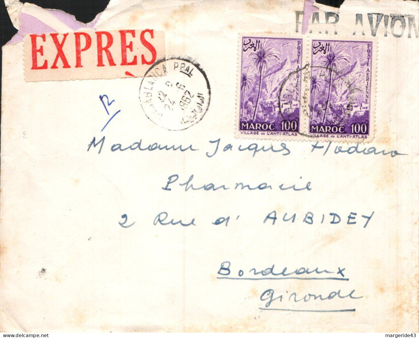 MAROC AFFRANCHISSEMENT COMPOSE SUR LETTRE EXPRES POUR LA FRANCE 1962 - Briefe U. Dokumente