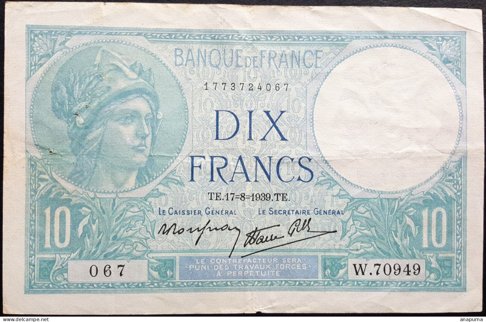 Billet 10 Francs Minerve, TE 17 Aout 1939, 067, W.70949 - 10 F 1916-1942 ''Minerve''