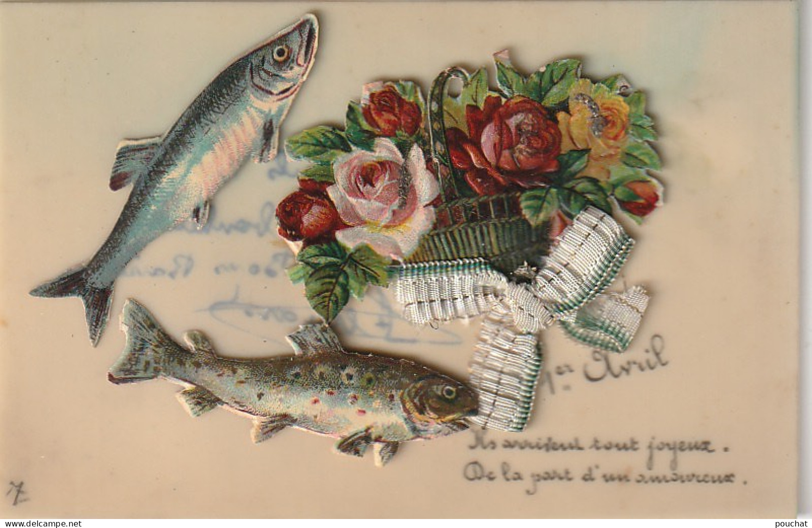 UR 17- " 1er AVRIL "- CARTE CELLULOID AVEC AJOUT DE CHROMOS - POISSONS ET BOUQUET DE FLEURS - NOEUD TISSU - April Fool's Day