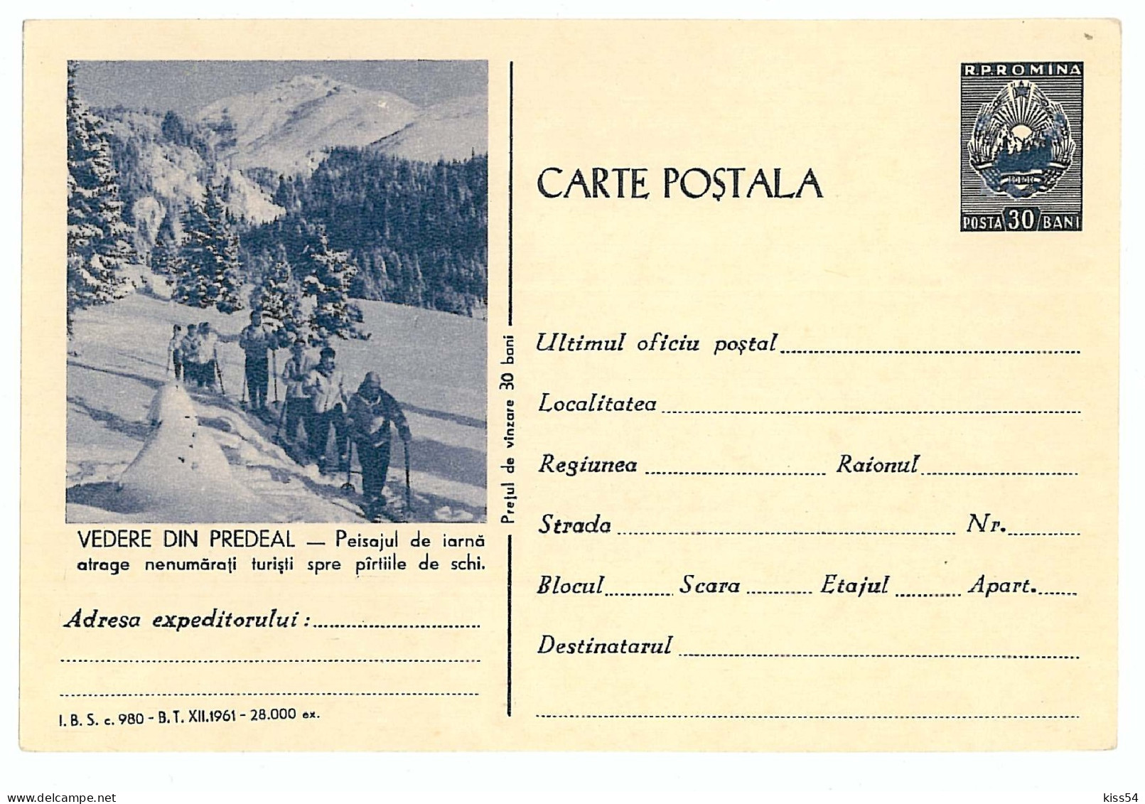 IP 61 C - 980-a SKI, Predeal, Romania - Stationery - Unused - 1961 - Enteros Postales